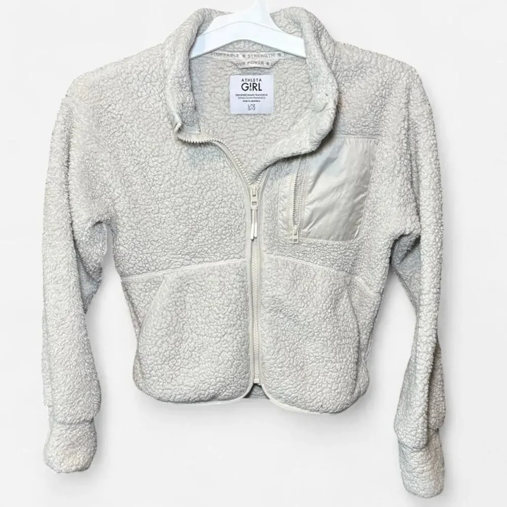 ATHLETA GIRL L Sherpa Fleece Jacket White Beige Cozy Casual